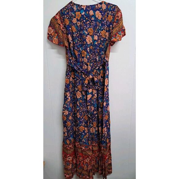 Womens Bohemia Side Split V Neck Ruffles Short Sleeves Maxi Dress with Belt Sz M - Picture 15 of 16